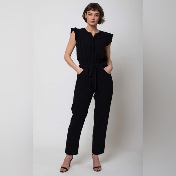 Xirena Loghan Black Cap Sleeve Gauze Straight Leg Tie Waist Jumpsuit - Picture 3 of 16